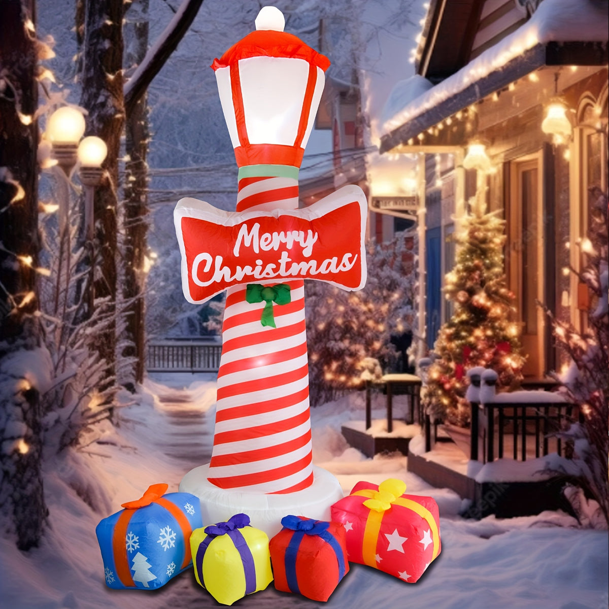 8.1 ft Christmas inflatable lighthouse with gift boxes
