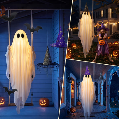 Hanging Halloween Ghost Decoration with String Lights, Two Witch Hats, Canvas, Outdoor Porch and Tree Decor