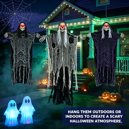 Hanging Grim Reaper Skeleton Decorations, Set of 3, LED Light-Up Eyes