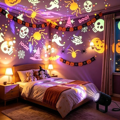 Halloween night light projector glowing in a dark room, casting patterns on the wall