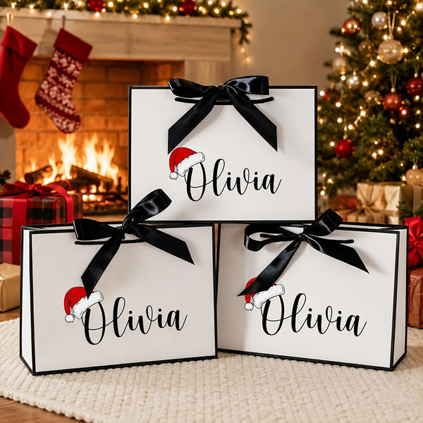 Personalized Christmas Gift Bag, Custom Name Paper Bag with Hat Shape and Ribbon Bow