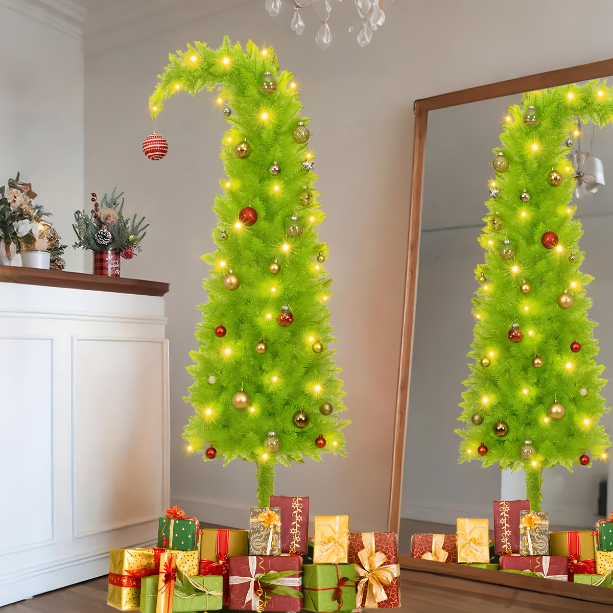 Green artificial Christmas tree and tree skirt wrapped in USB string lights