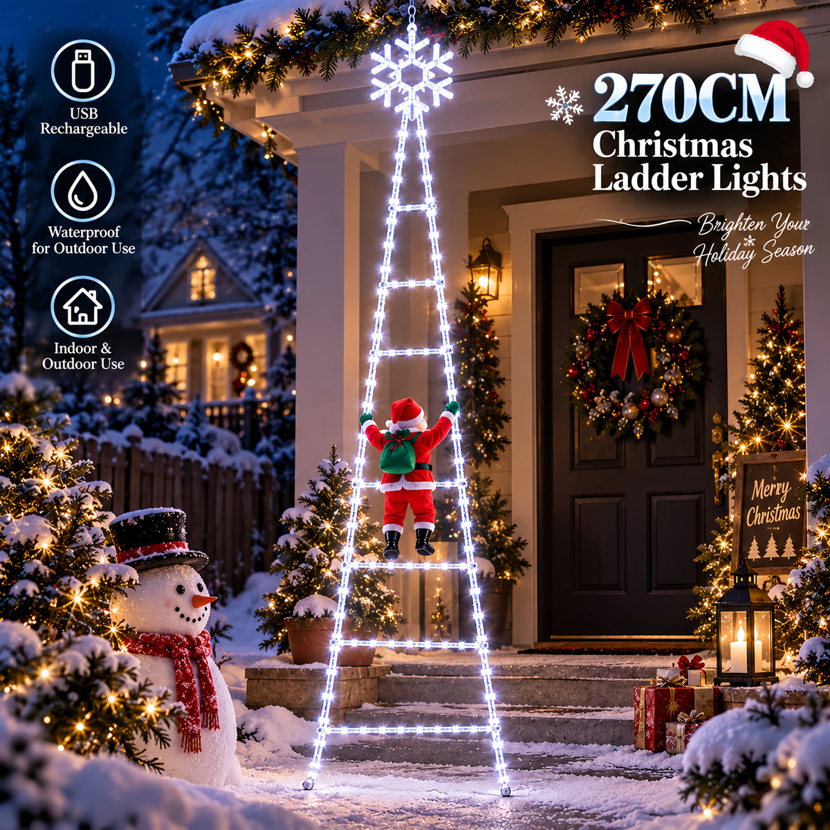 Outdoor Christmas Decorations, Climbing Santa Ladder Lights, 255 LED, Dimmable, USB Charging