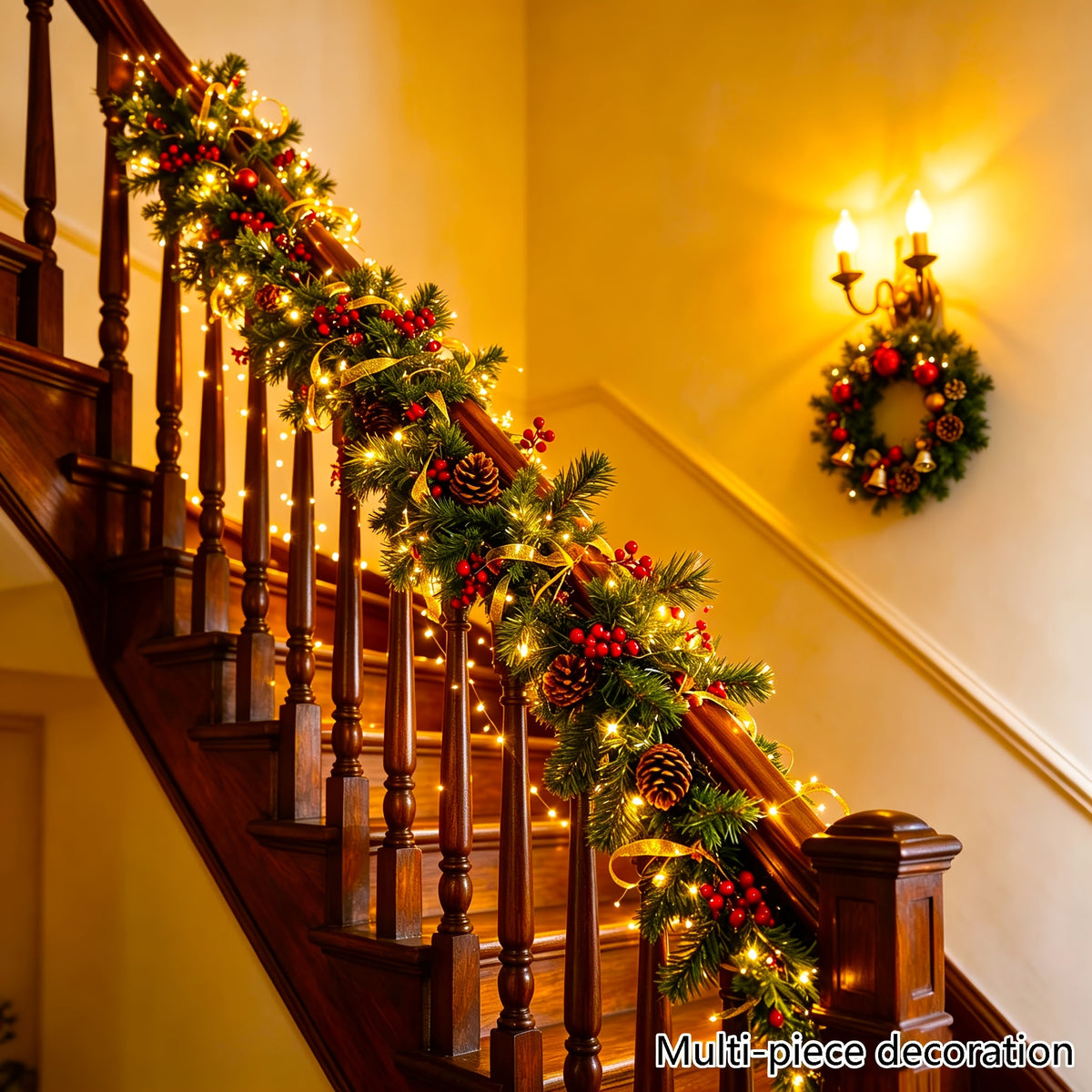Red berries and pinecones on a spruce garland
