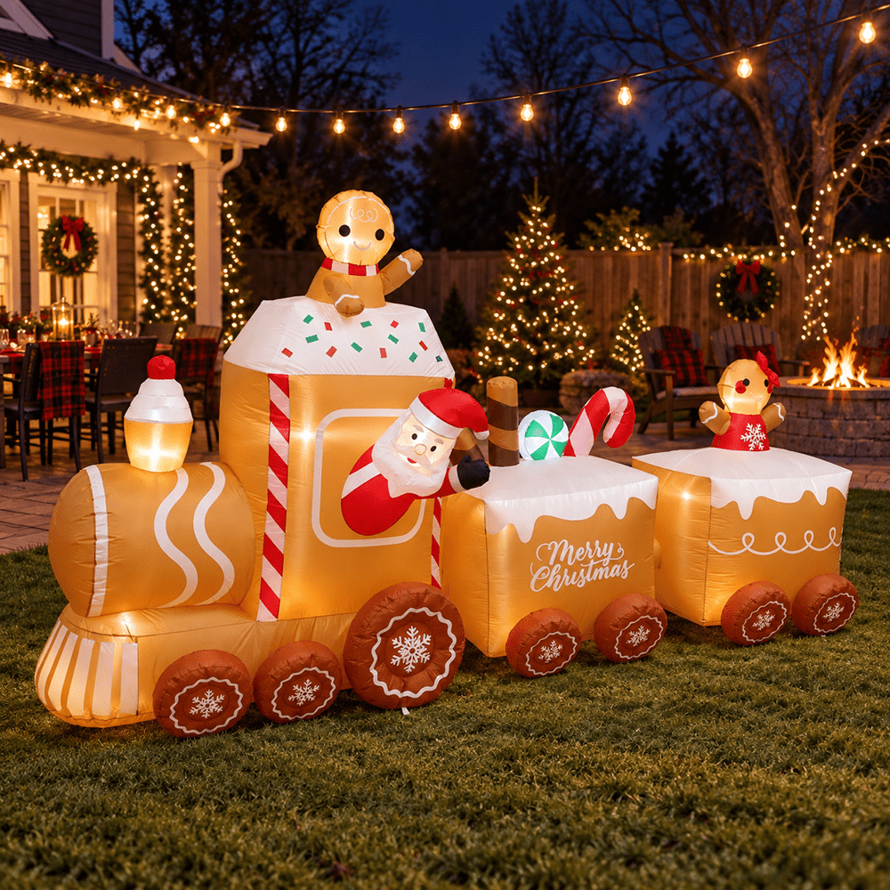 Inflatable Christmas Train, 11 ft Gingerbread Man Outdoor Decoration, Built-In LED Lights