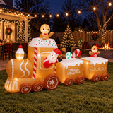 Inflatable Christmas Train, 11 ft Gingerbread Man Outdoor Decoration, Built-In LED Lights