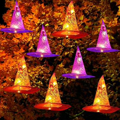 Light-up witch hat string light set, six hats in orange and purple on one LED light string
