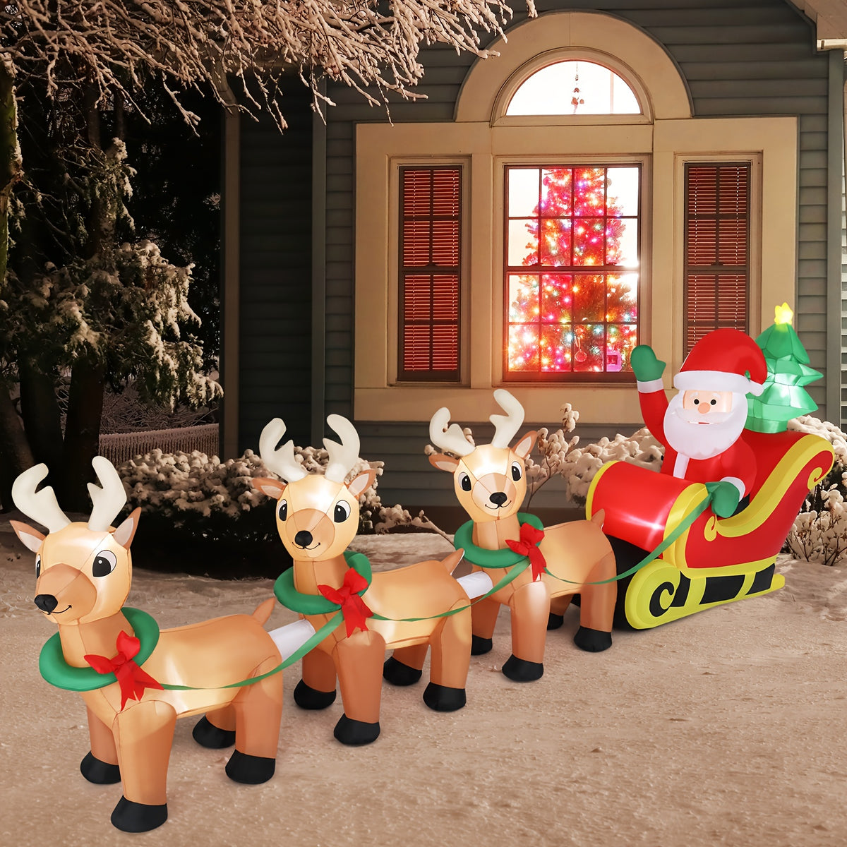 Inflatable Sleigh and Reindeer, 10 ft Christmas Yard Decor, 3 Reindeer Pulling Sleigh, Plug-In