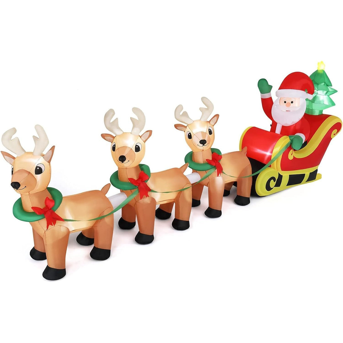 Christmas inflatable sleigh archway shown in daylight with the walkway underneath