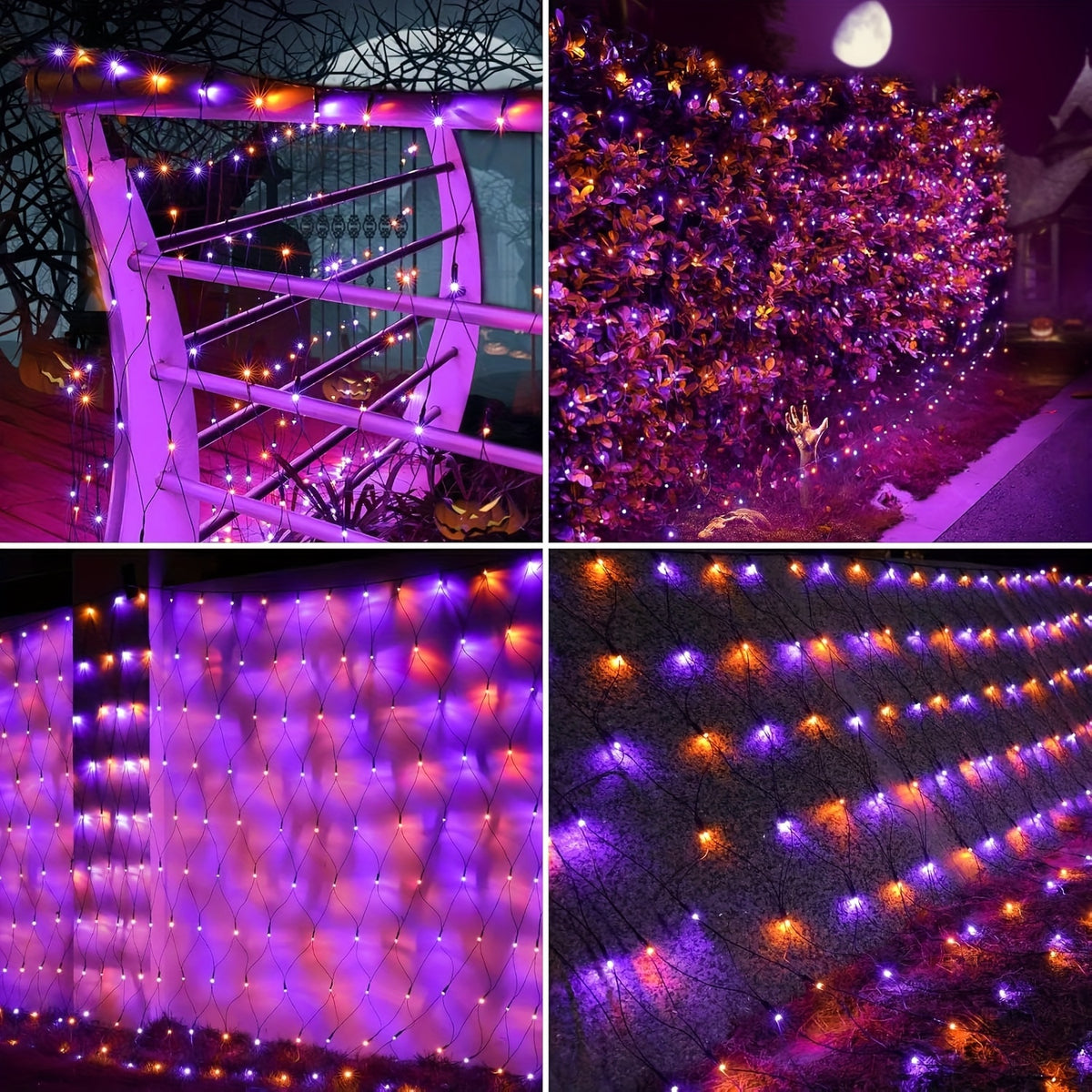 Orange and purple LED solar net lights draped over outdoor bushes for Halloween - view 8