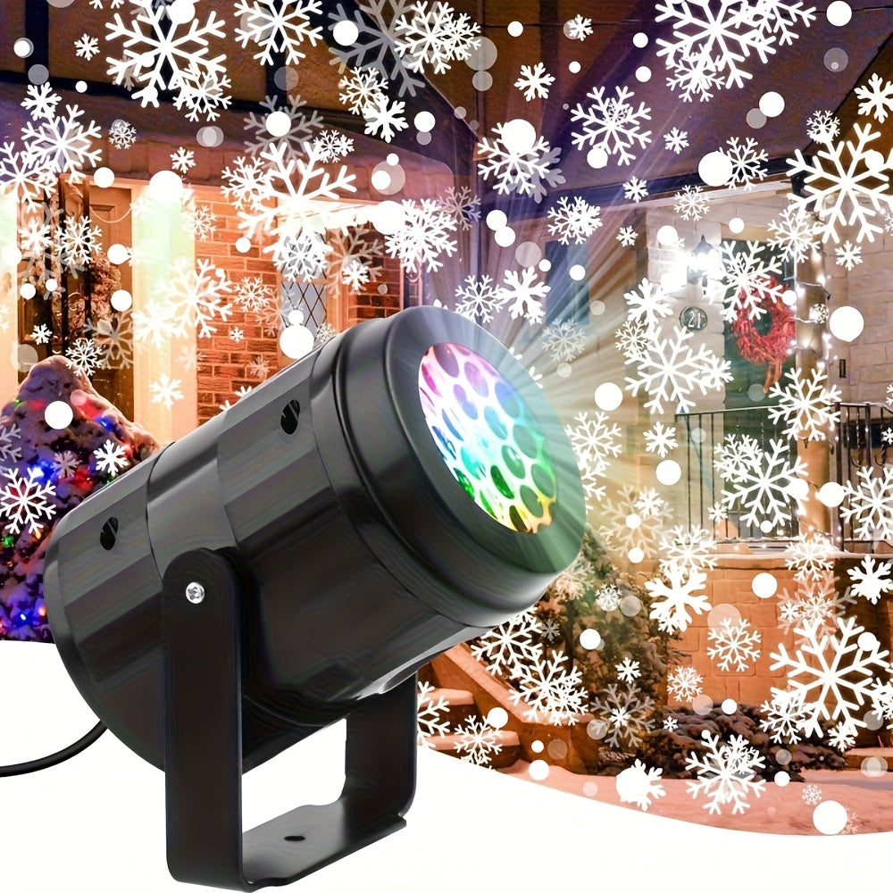 Snowflake projector sitting on a shelf beside holiday decorations