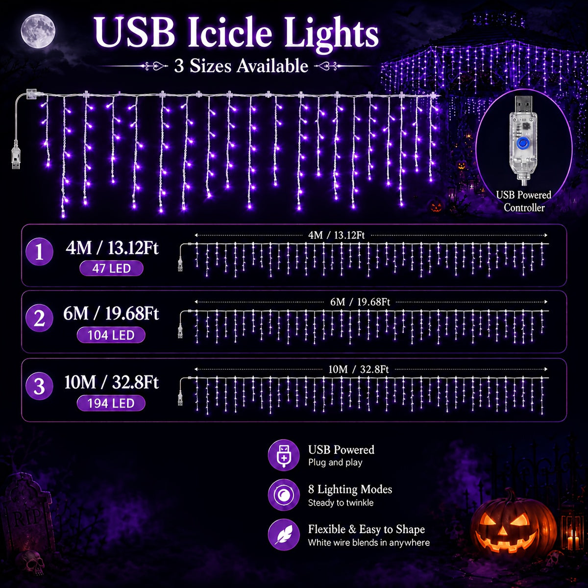 Purple icicle lights packaging