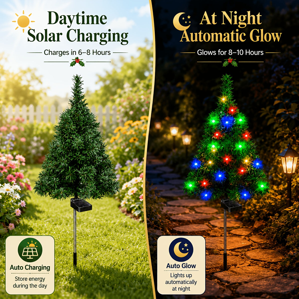 Christmas tree solar lights for a flower bed
