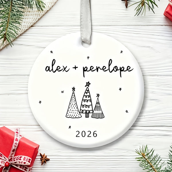 Personalized Christmas Ornament, Couple Name Ceramic, Round Porcelain with Satin Ribbon
