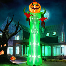 12-foot inflatable pumpkin with skeleton face lit up in yard at night