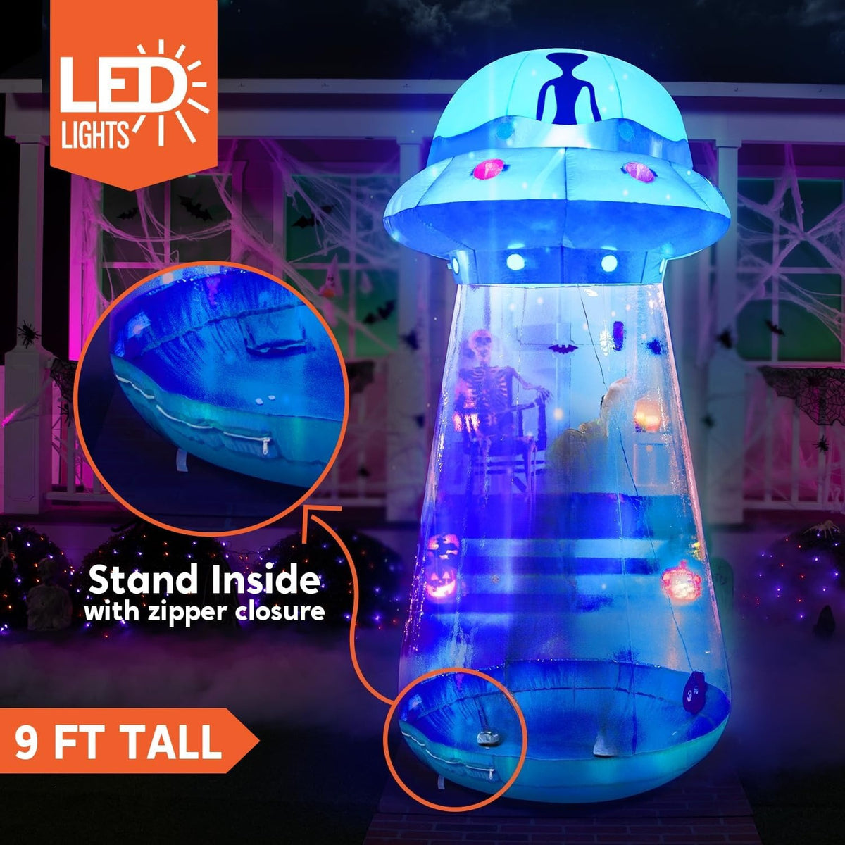 9-foot inflatable Halloween UFO decoration inflated on a lawn