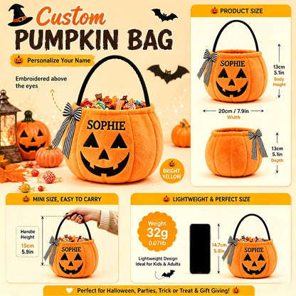 Personalized Embroidered Halloween Pumpkin Candy Bag, Custom Name Plush Candy Bucket with Bow