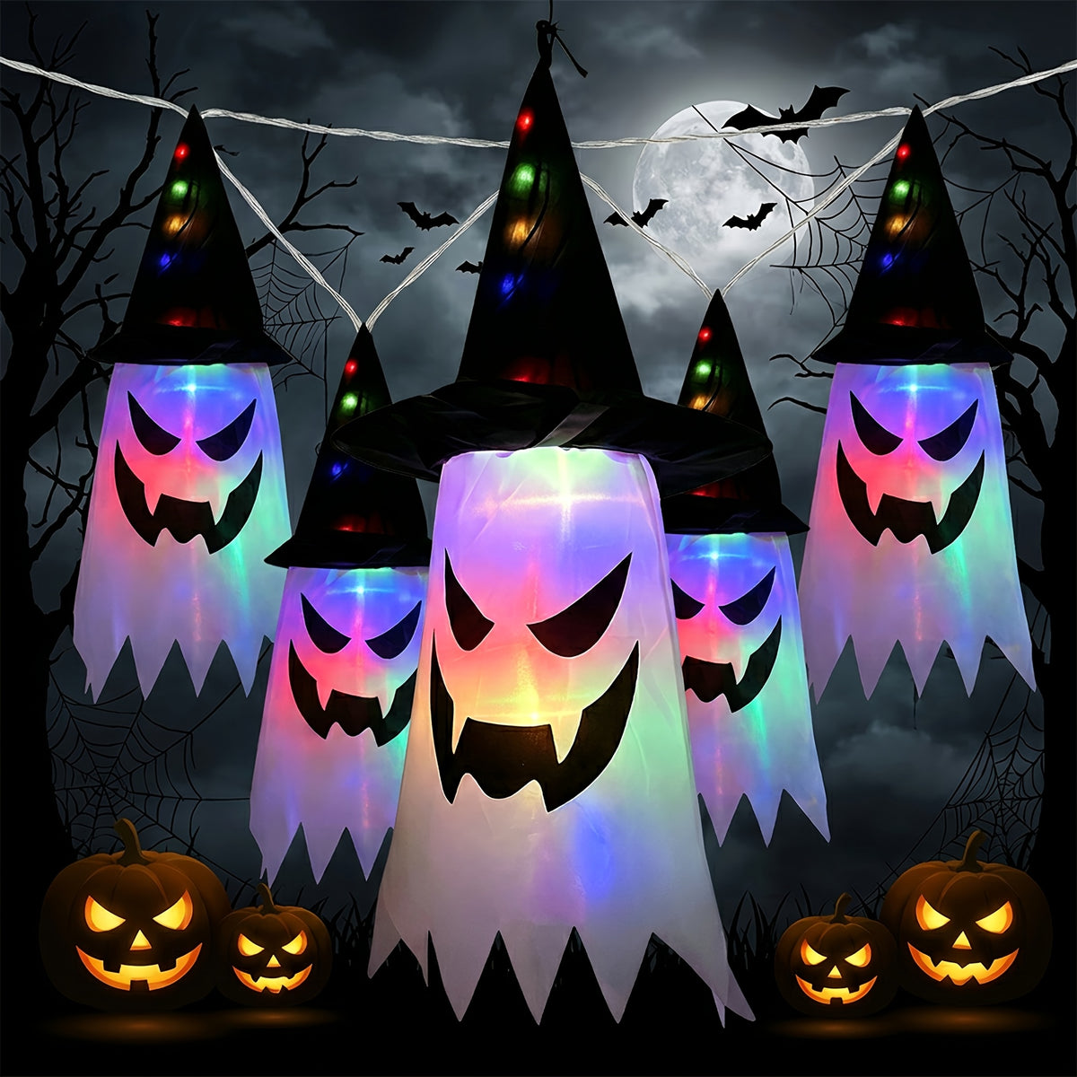 Glowing ghost witch hat Halloween string lights, main product photo