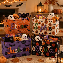 Custom name embroidered Halloween storage basket with pumpkin ghost bat pattern