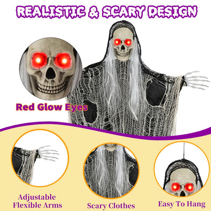 Hanging Grim Reaper Skeleton Decorations, Set of 3, LED Light-Up Eyes