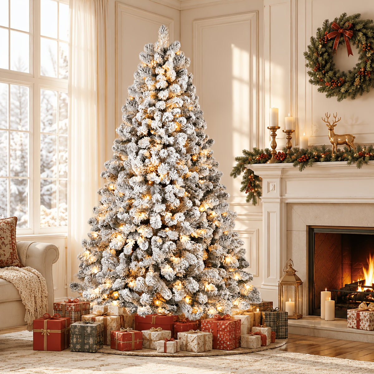 Pre lit white flocked Christmas tree ready for ornaments