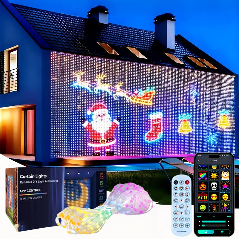 Multicolor LED curtain lights hanging as a glowing grid