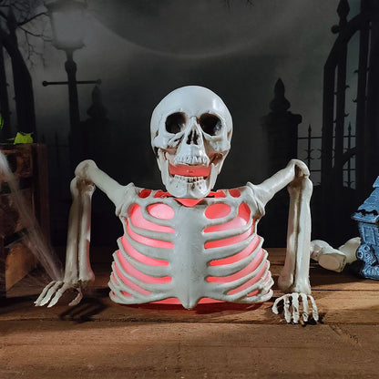 Close-up of the glowing LED lights on the skeleton head decoration