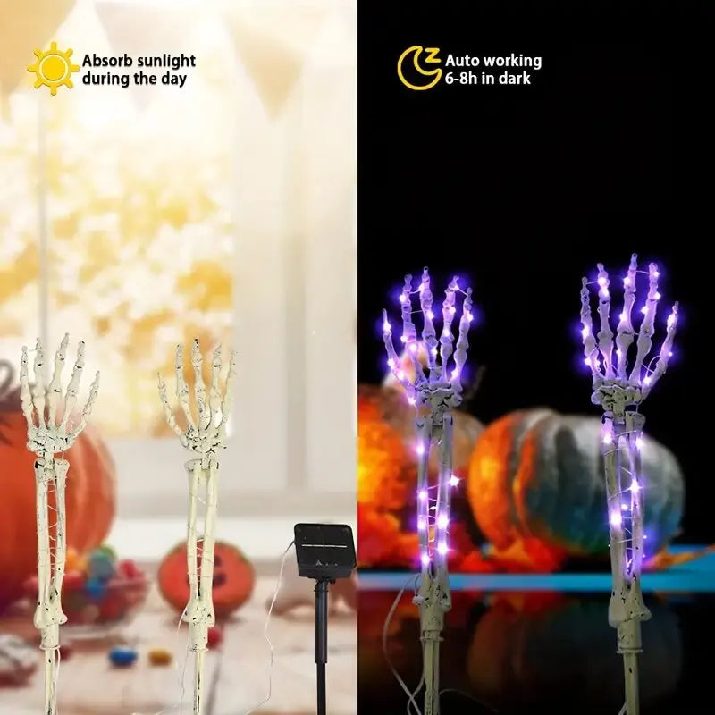 Close-up of skeleton hand solar light design