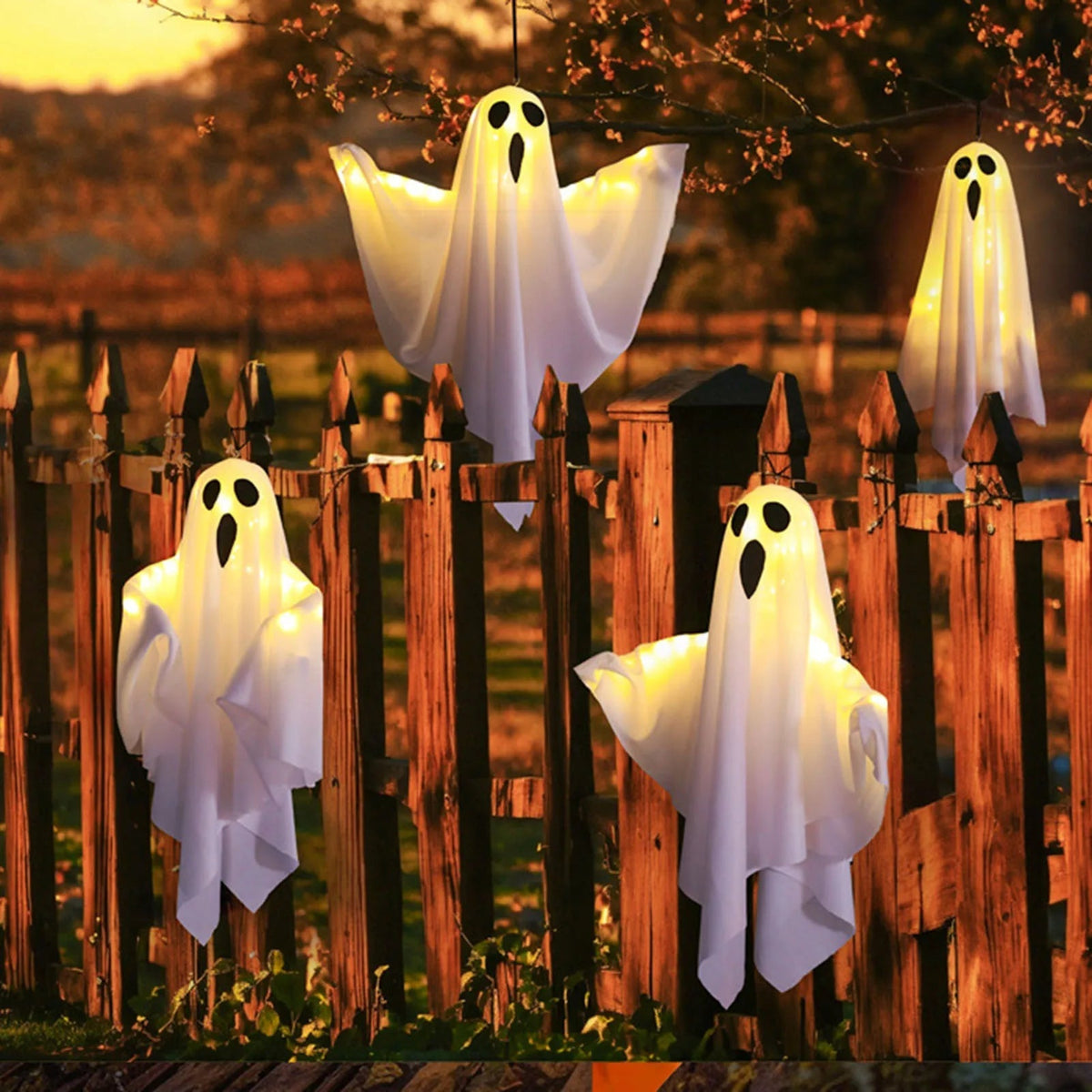 Hanging Halloween ghost decoration displayed on a porch