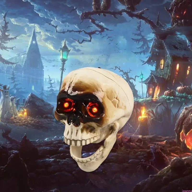 Close-up of the flashing red eyes on the animated Halloween skeleton head