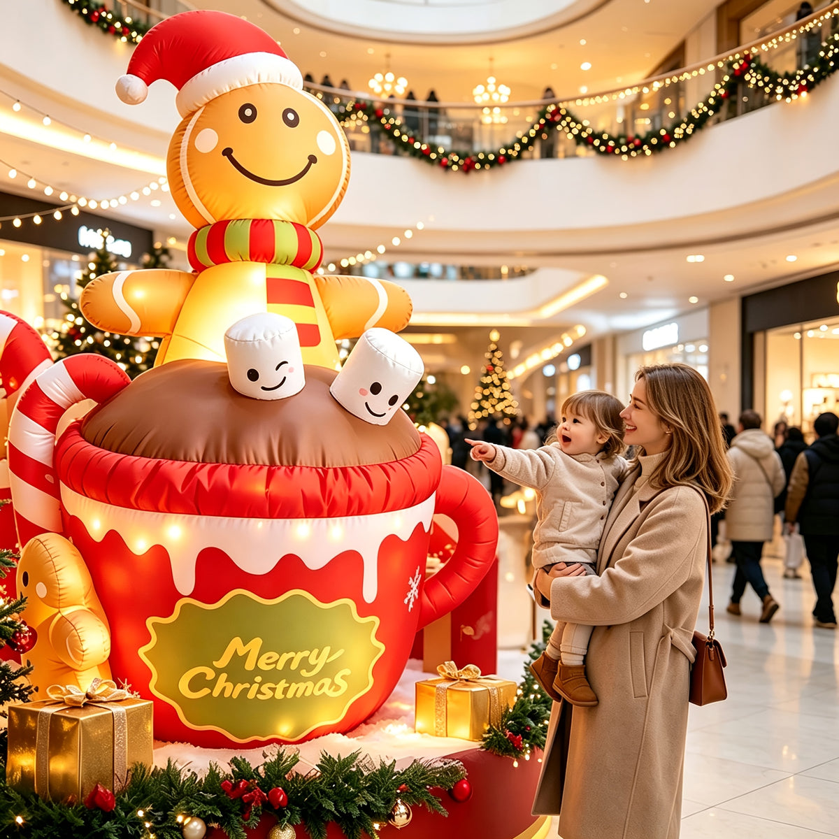Christmas Yard Inflatable Decorations, 6ft LED Blow Up Gingerbread Man in Hot Chocolate Cup