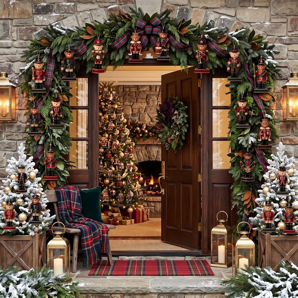 Christmas Tree Decorations, 36 Wooden Teddy Bear Ornaments, 3.94" Tartan Plaid Rustic Decor