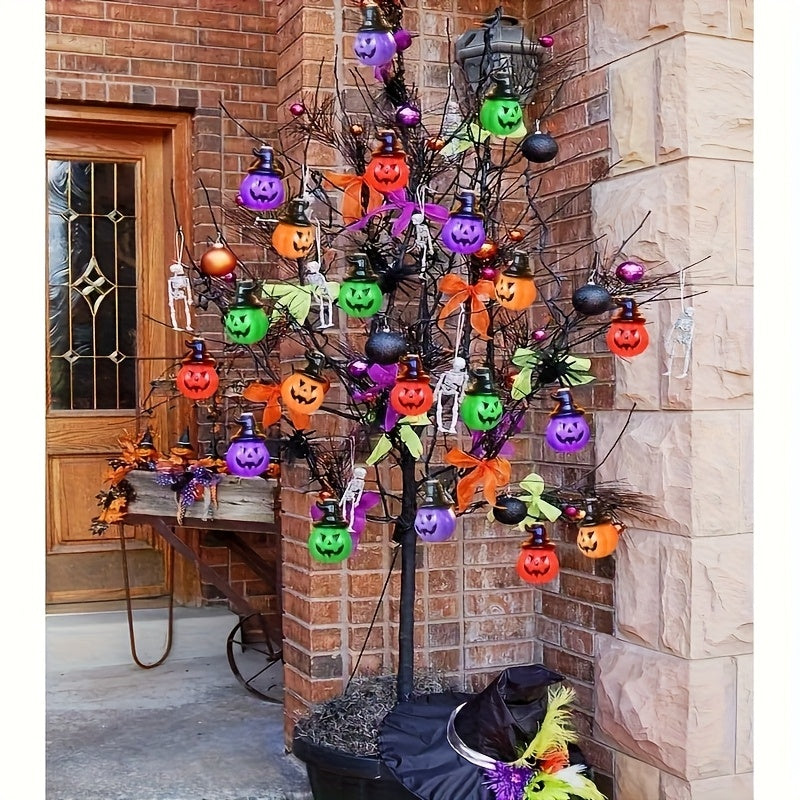 Pumpkin bead string lights draped across a porch railing at night
