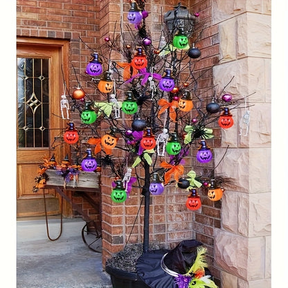 Pumpkin bead string lights draped across a porch railing at night