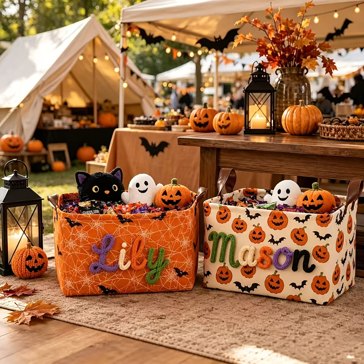 Four color options of the embroidered Halloween storage basket: orange, white, purple, black