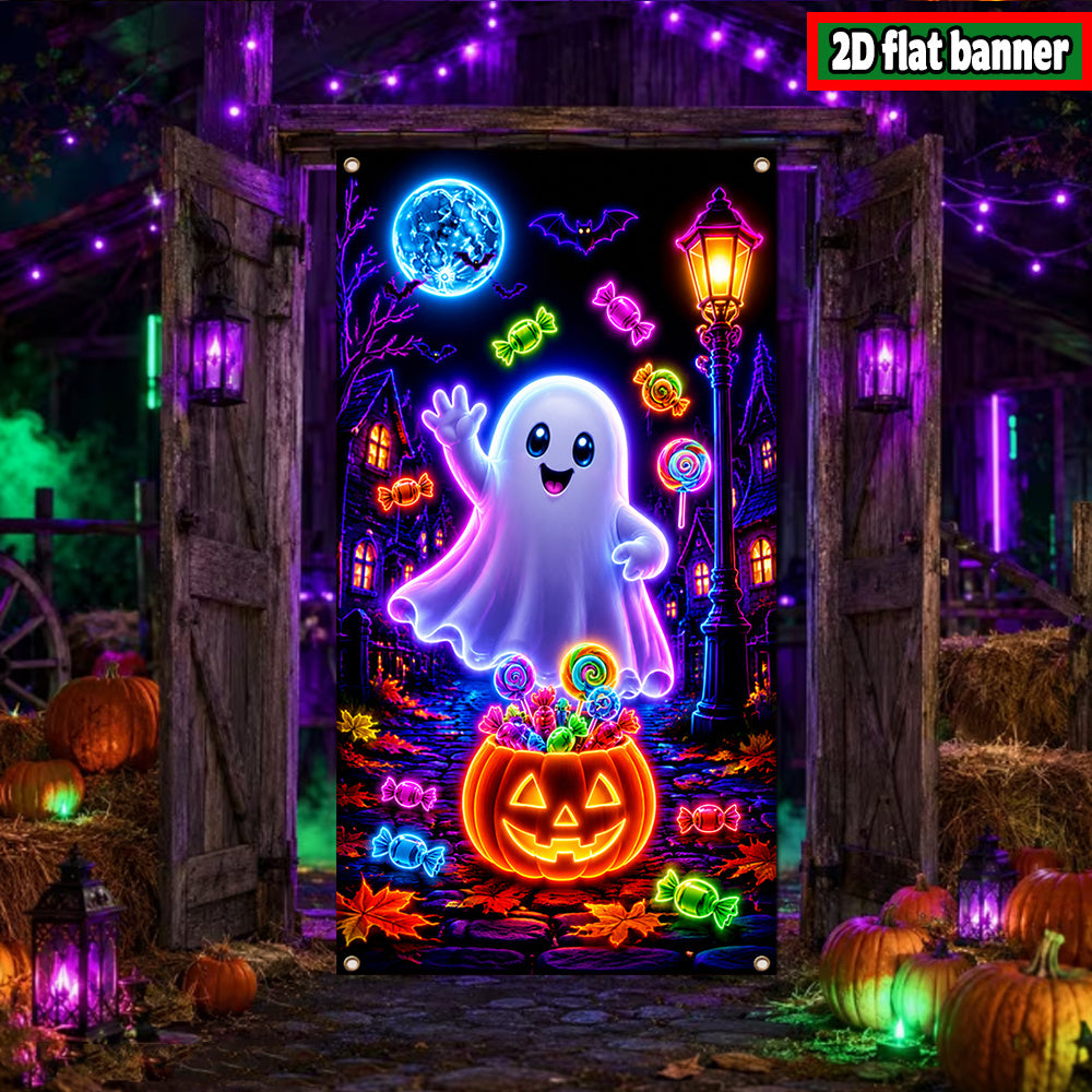 Halloween door banner with glowing ghost and pumpkin print covering a front entry door