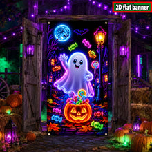 Halloween door banner with glowing ghost and pumpkin print covering a front entry door