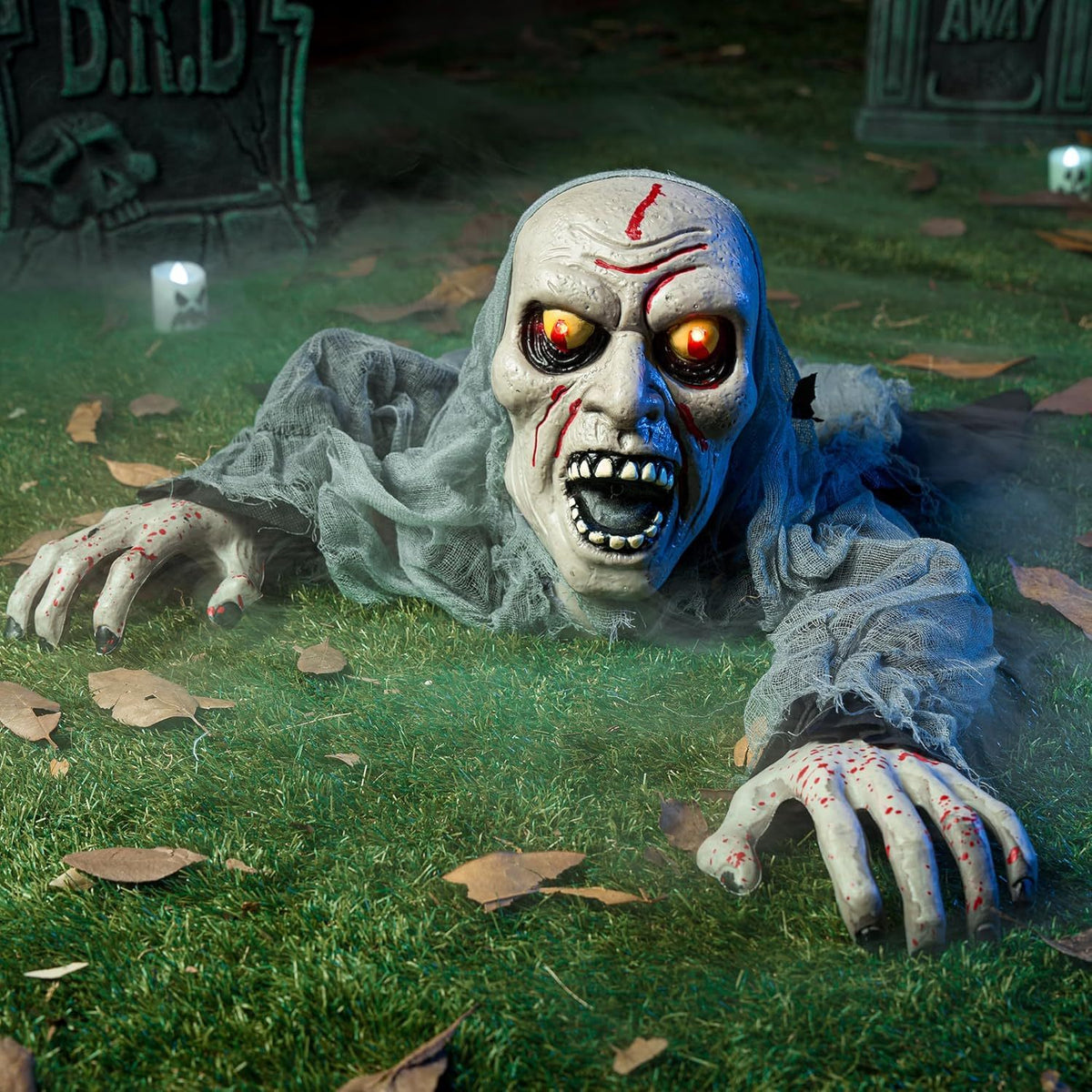 Zombie groundbreaker decoration placed on a porch step