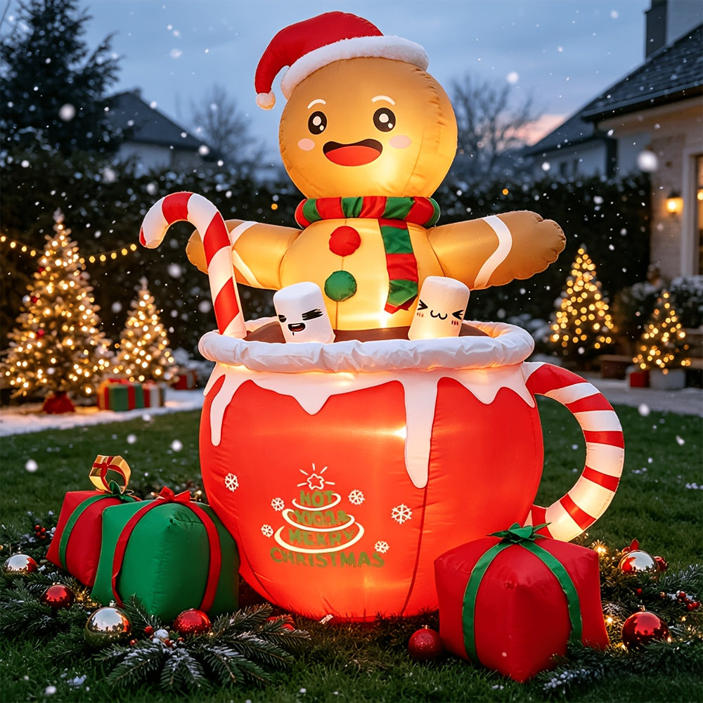 Christmas Yard Inflatable Decorations, 6ft LED Blow Up Gingerbread Man in Hot Chocolate Cup