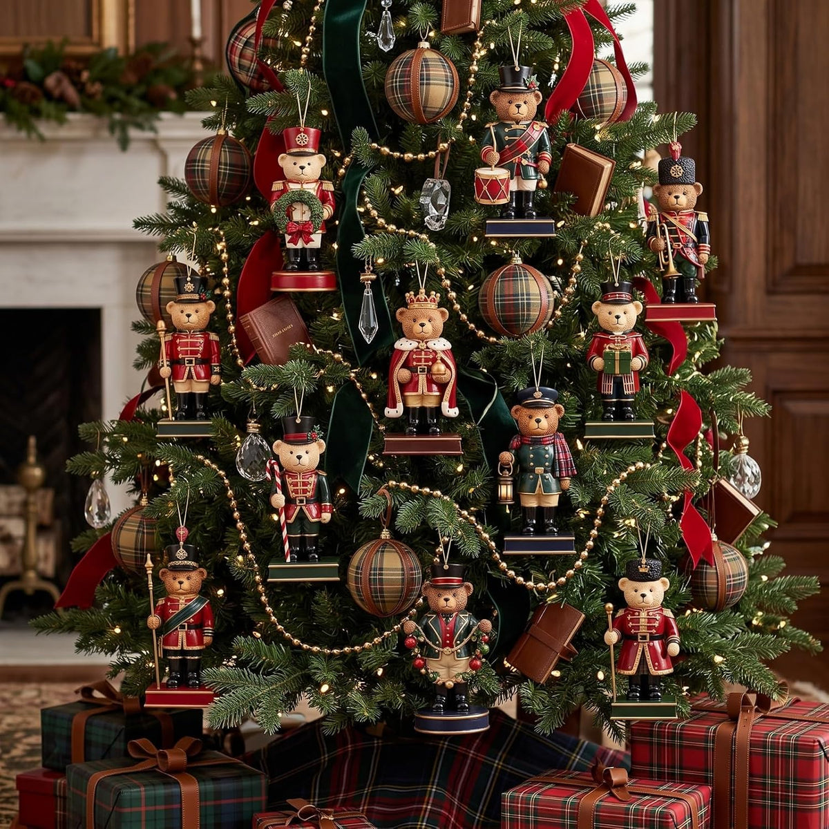 Christmas Tree Decorations, 36 Wooden Teddy Bear Ornaments, 3.94" Tartan Plaid Rustic Decor