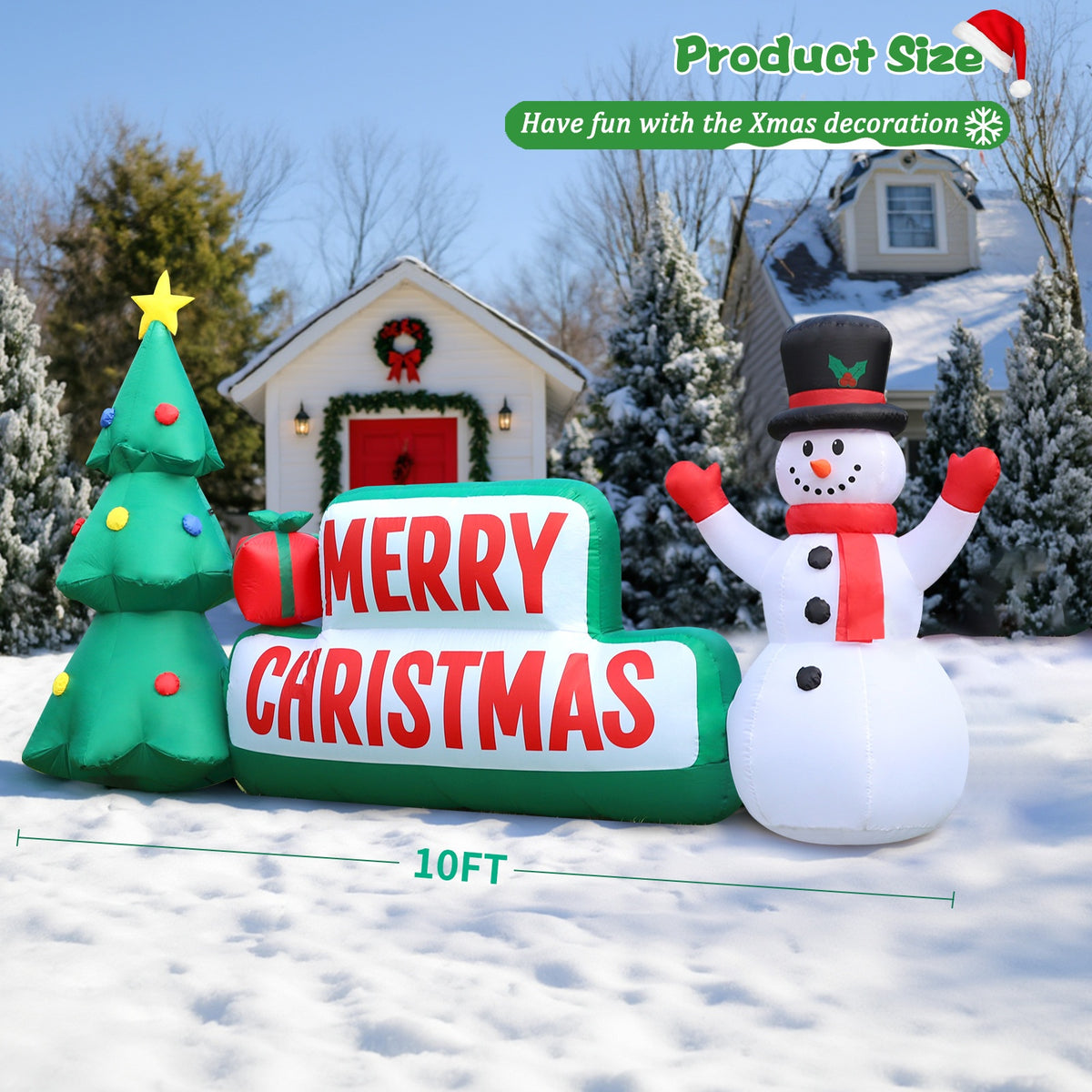 Inflatable Christmas sign with a snowman and tree