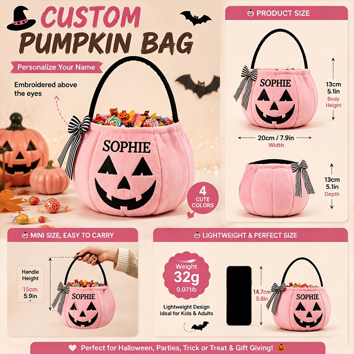 Close-up of custom name embroidery on the pumpkin candy bag