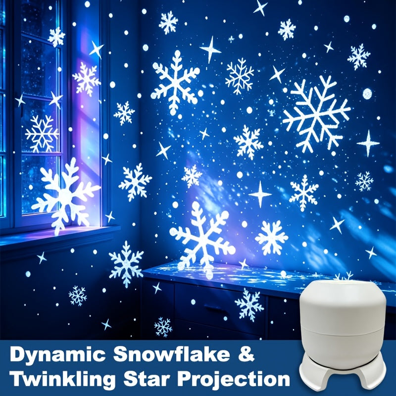 Compact snowflake projector standing on a flat surface