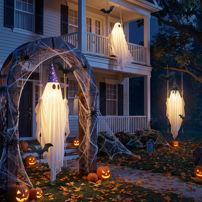 Hanging Halloween Ghost Decoration with String Lights, Two Witch Hats, Canvas, Outdoor Porch and Tree Decor