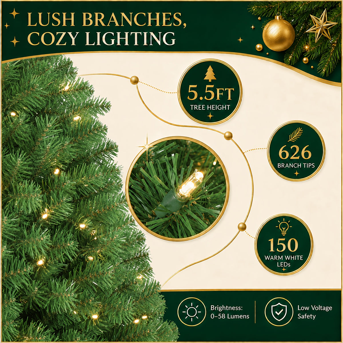 Pre-Lit Christmas Tree, 4.5, 5.5 or 8 ft, Warm White Pine, Metal Frame