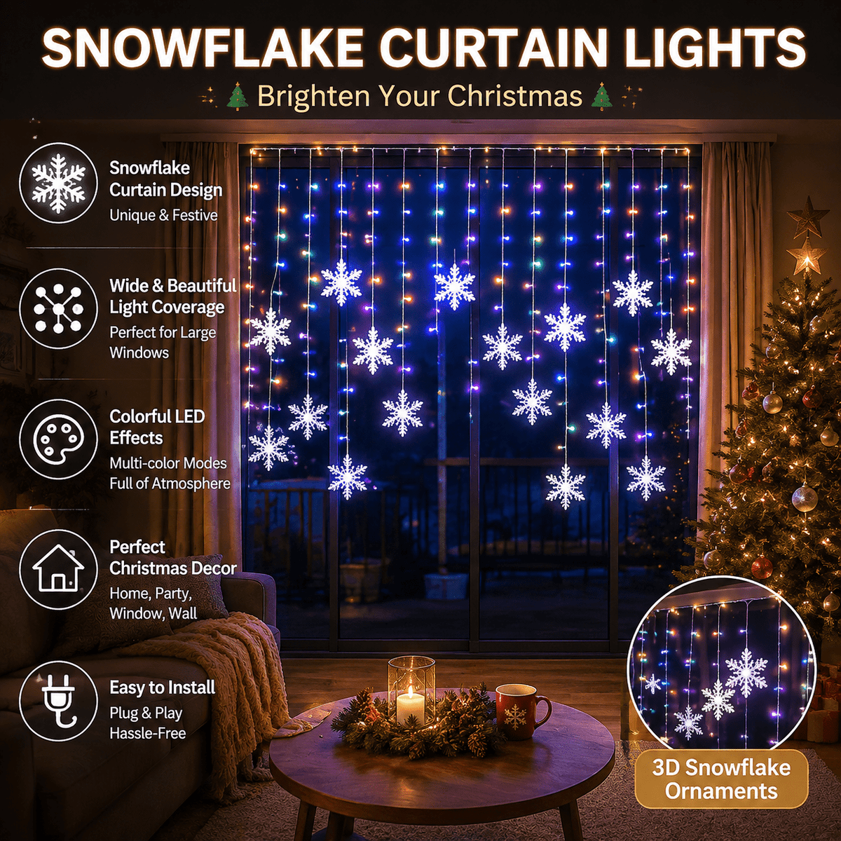 Warm white snowflake curtain lights at night