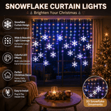 Colored snowflake curtain lights on a wall