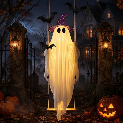 Hanging Halloween Ghost Decoration with String Lights, Two Witch Hats, Canvas, Outdoor Porch and Tree Decor