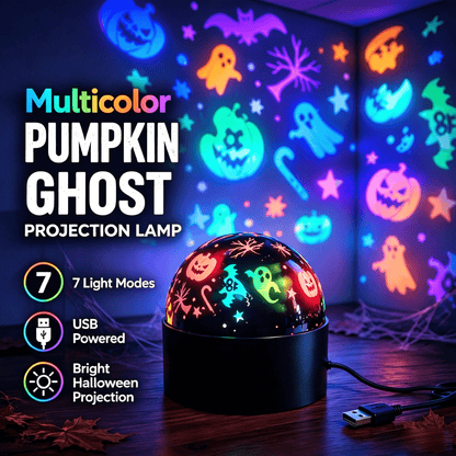 Close-up of the projection lamp with removable pumpkin and ghost cover