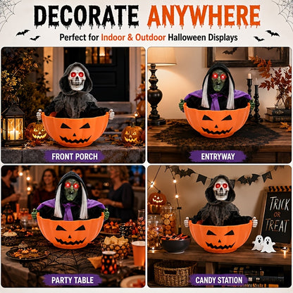 Light-up Halloween figure table lamp with sound effects, available as a skeleton or a witch